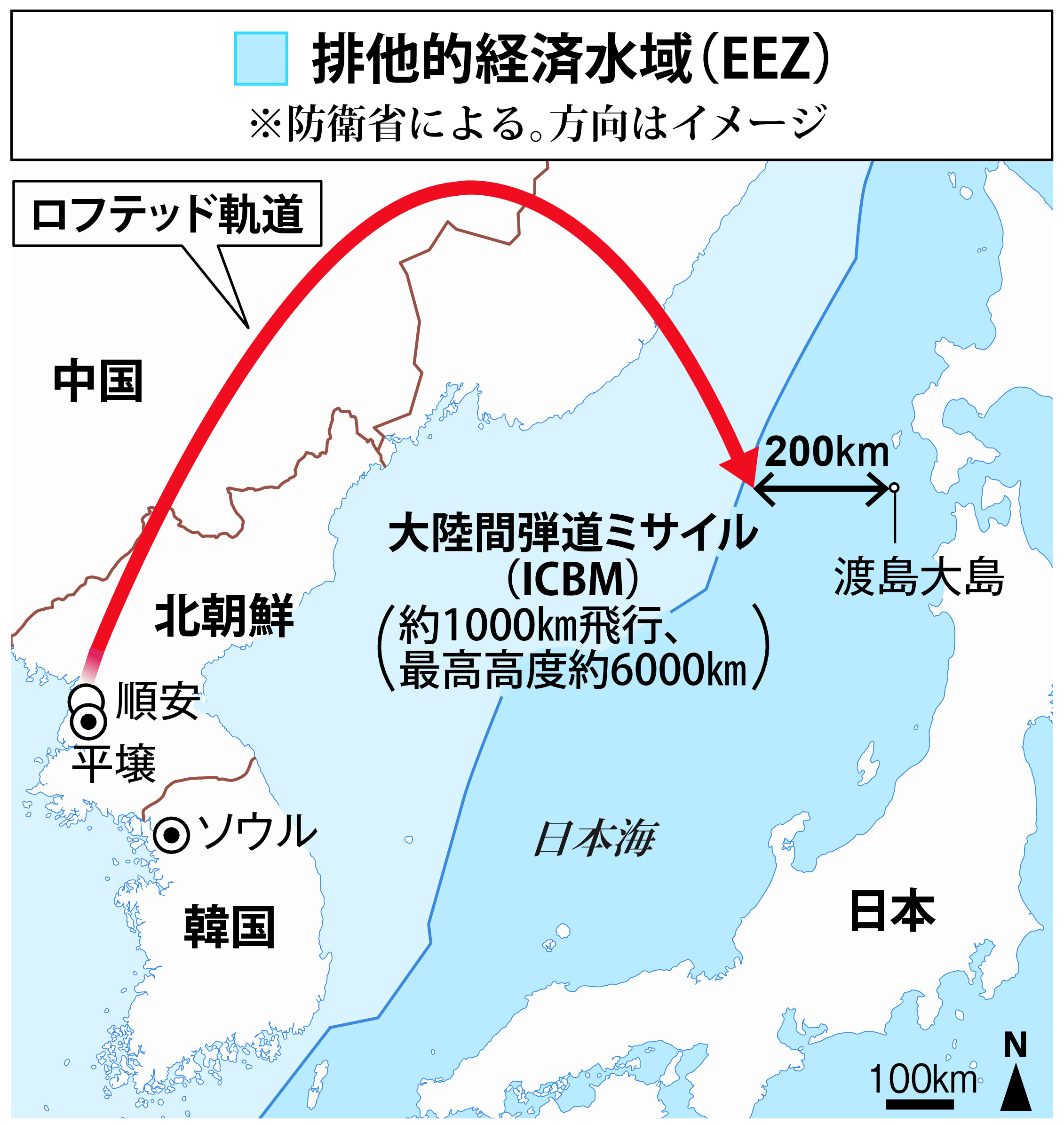 北ミサイル 北ICBM、北海道沖落下 69分飛翔 EEZ内 米本土射程か