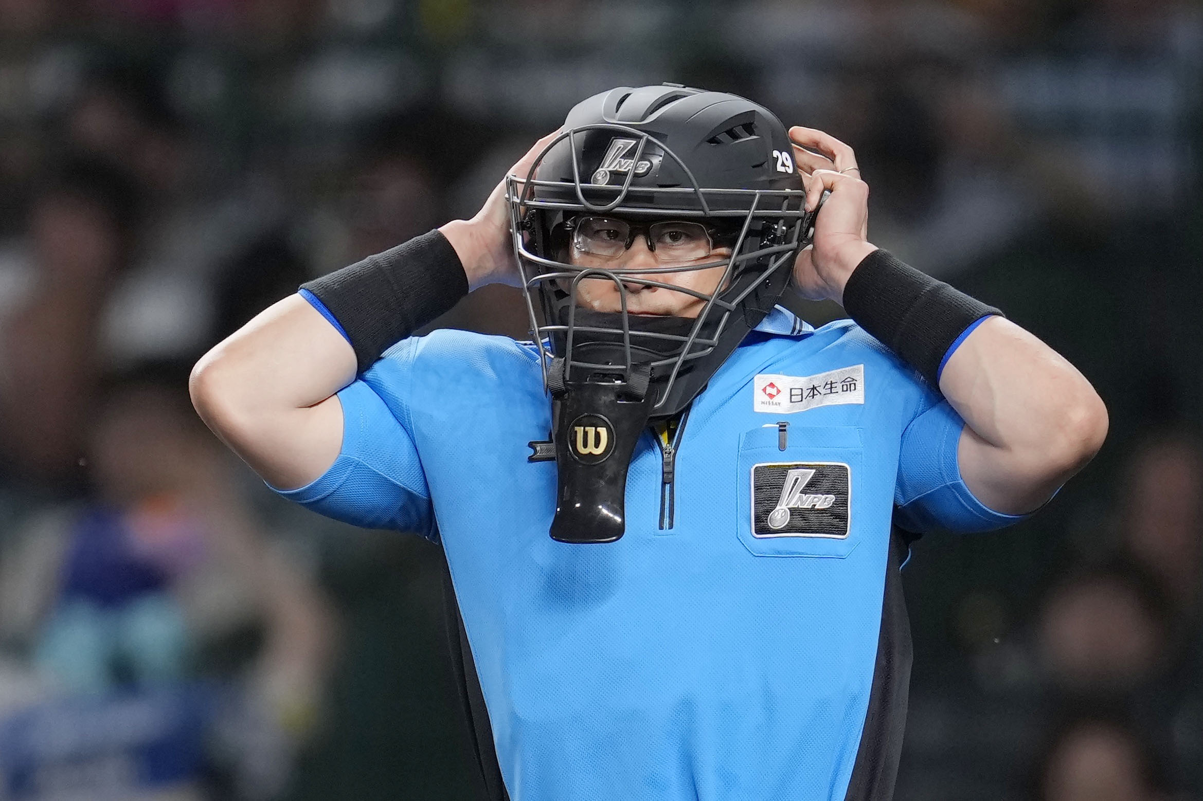 プロ野球、審判員の安全対策高める ヘルメット一体型のマスクを着用