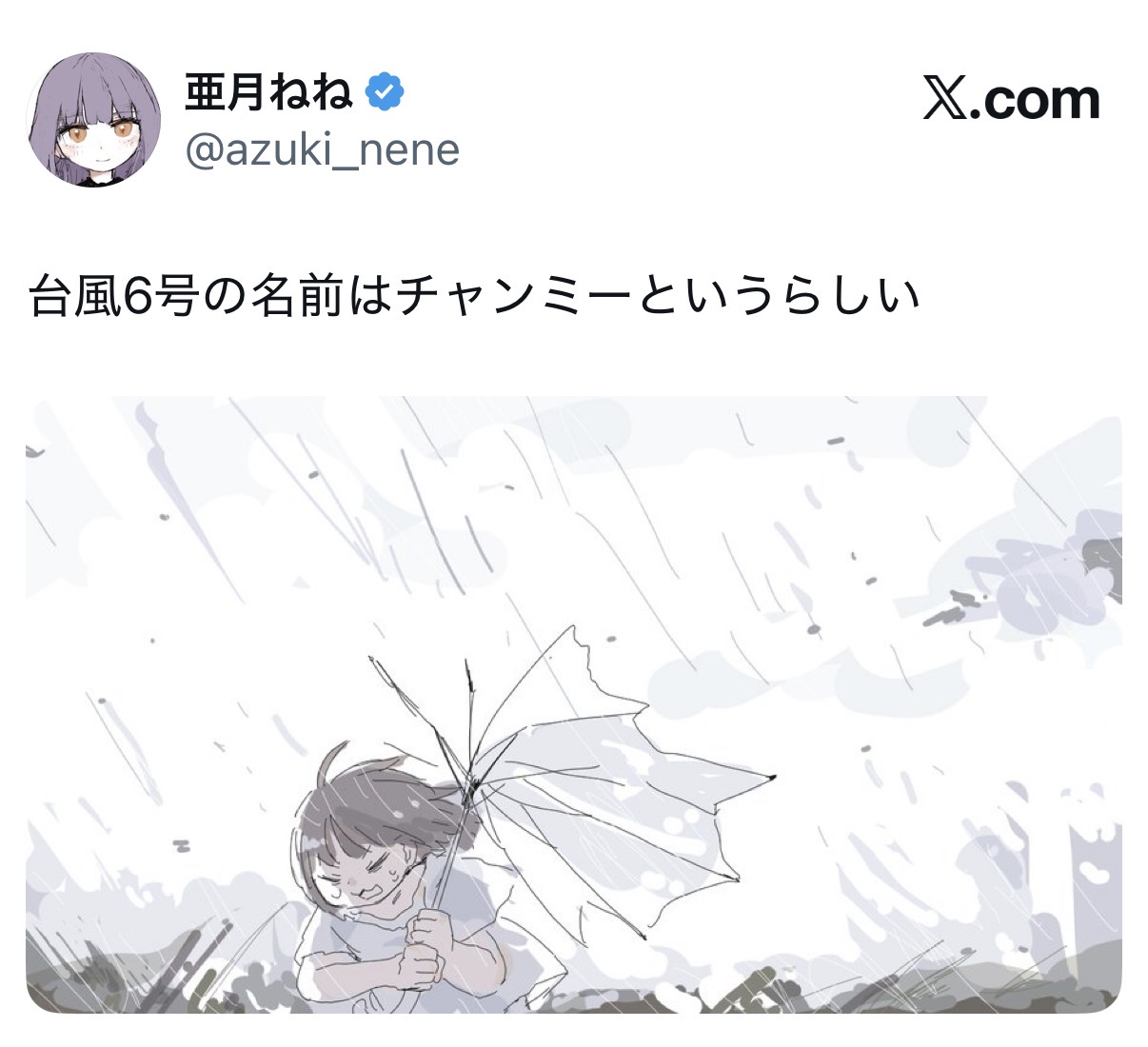 みいちゃんと山田さん」作者・亜月ねね氏が台風6号「チャンミー」接近