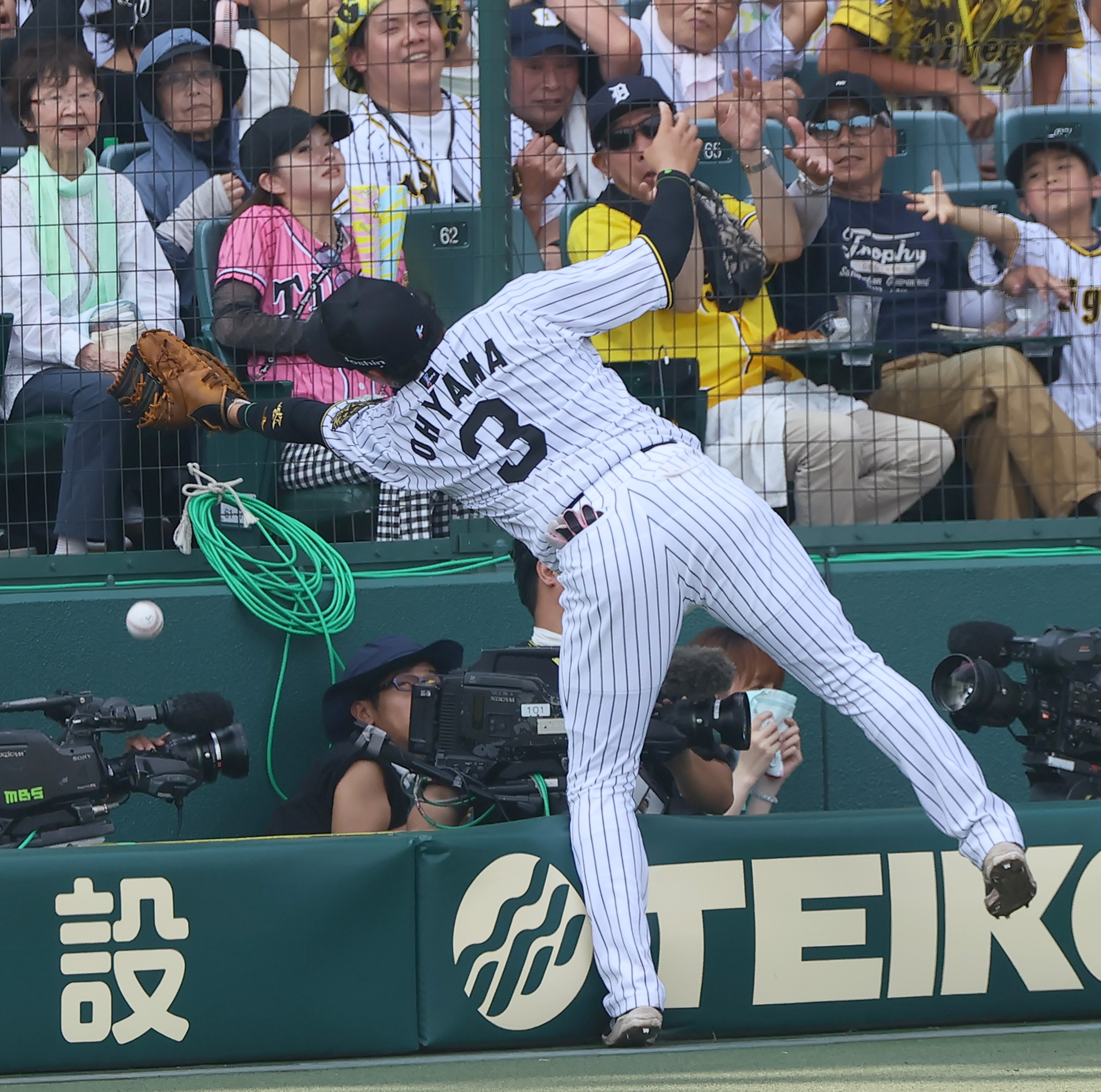 阪神・大山悠輔がカメラマン席に飛び込む ガッツプレーにスタンド拍手