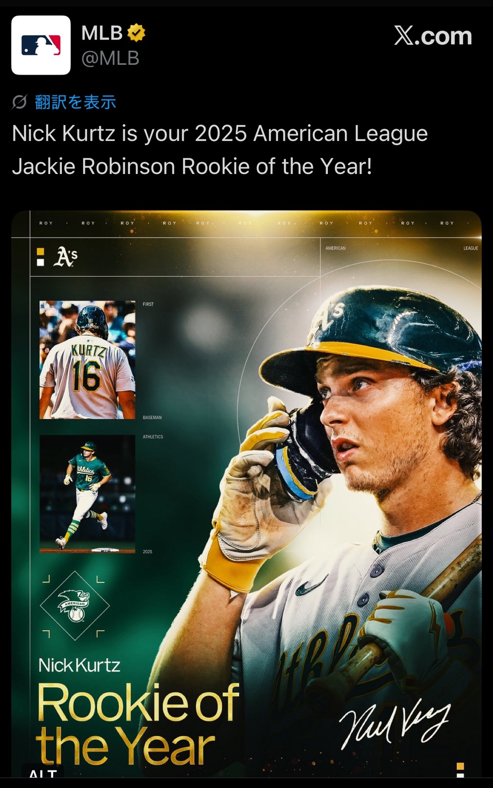 MLB】アスレチックス22歳がア・リーグ新人王 36本塁打と圧巻 新人初の1