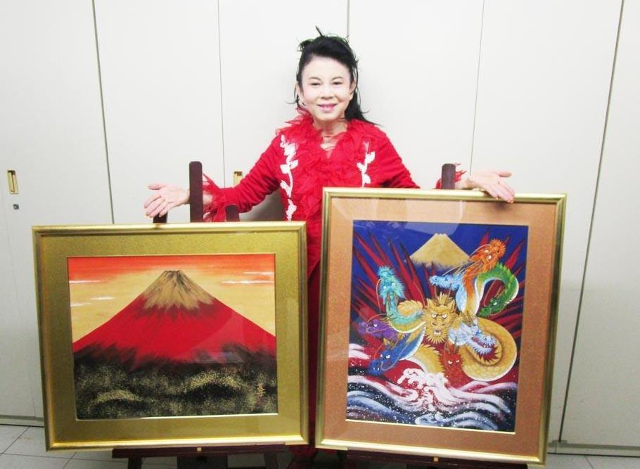 家具・インテリア開運絵画　赤富士に三色の梅　あいはら友子