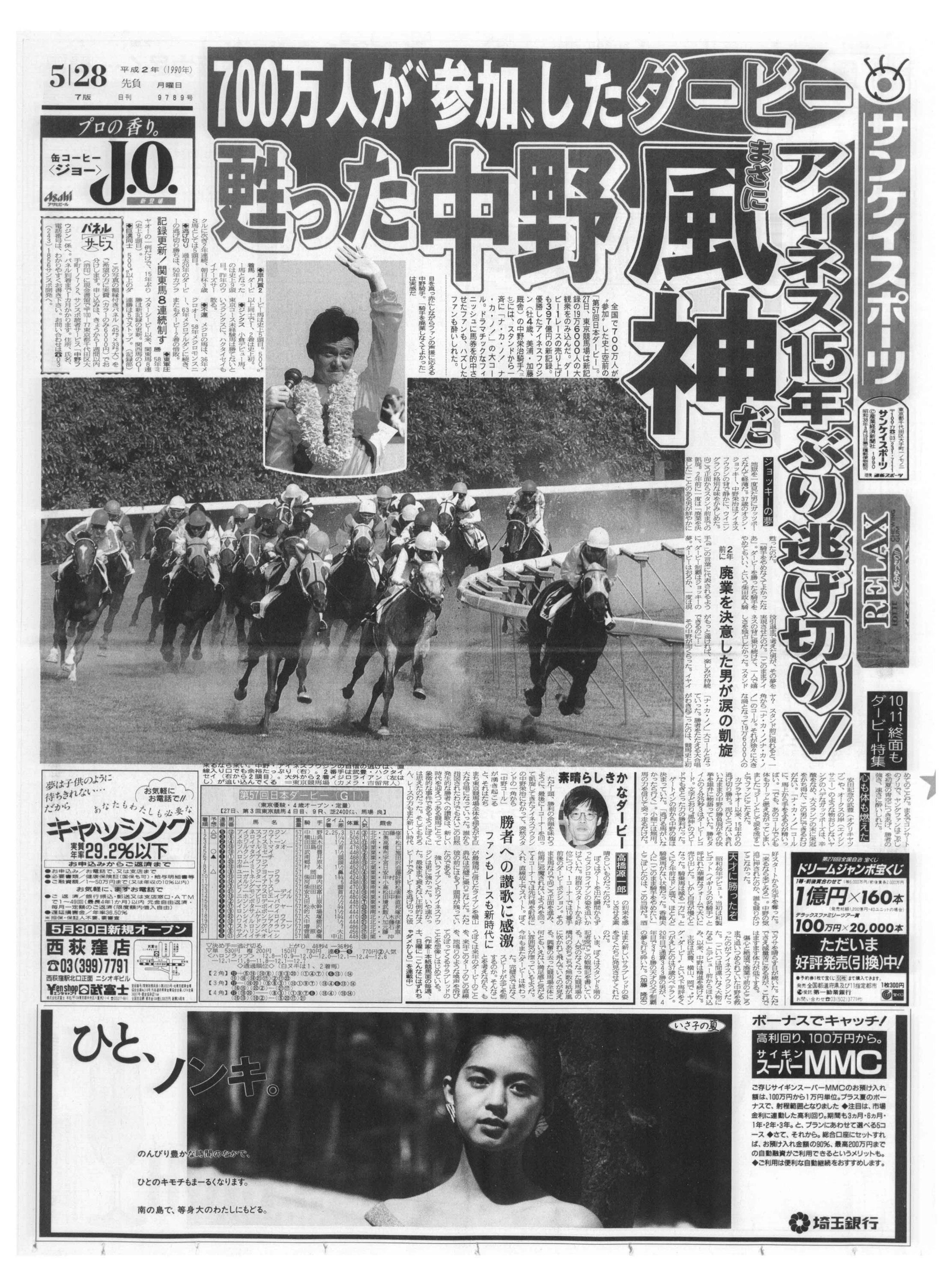 サンスポ紙面と写真で振り返る「午年の日本ダービー」③】まさに風神