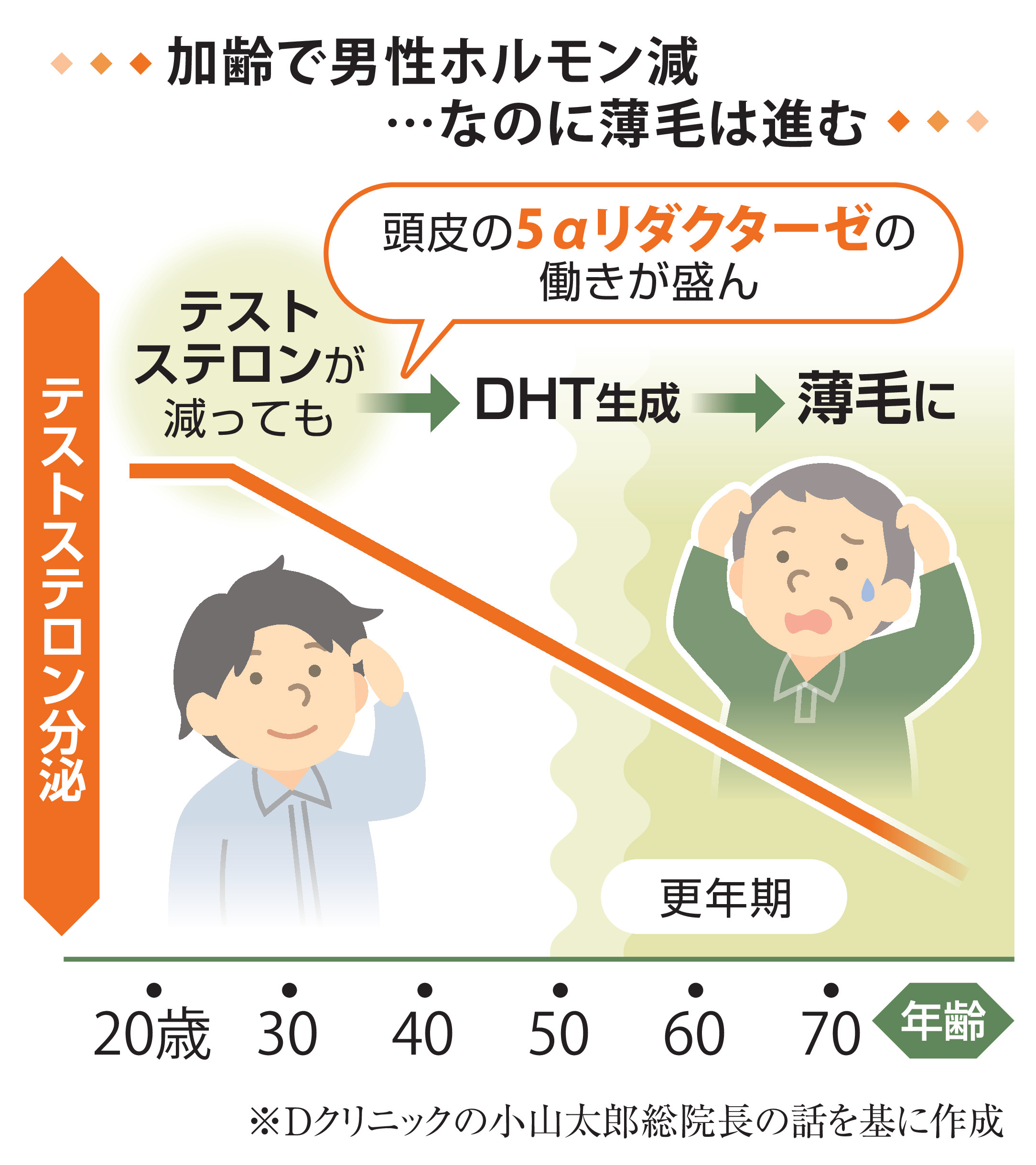 加齢に伴い減少する「男性ホルモン」 薄毛と男性更年期、それぞれに
