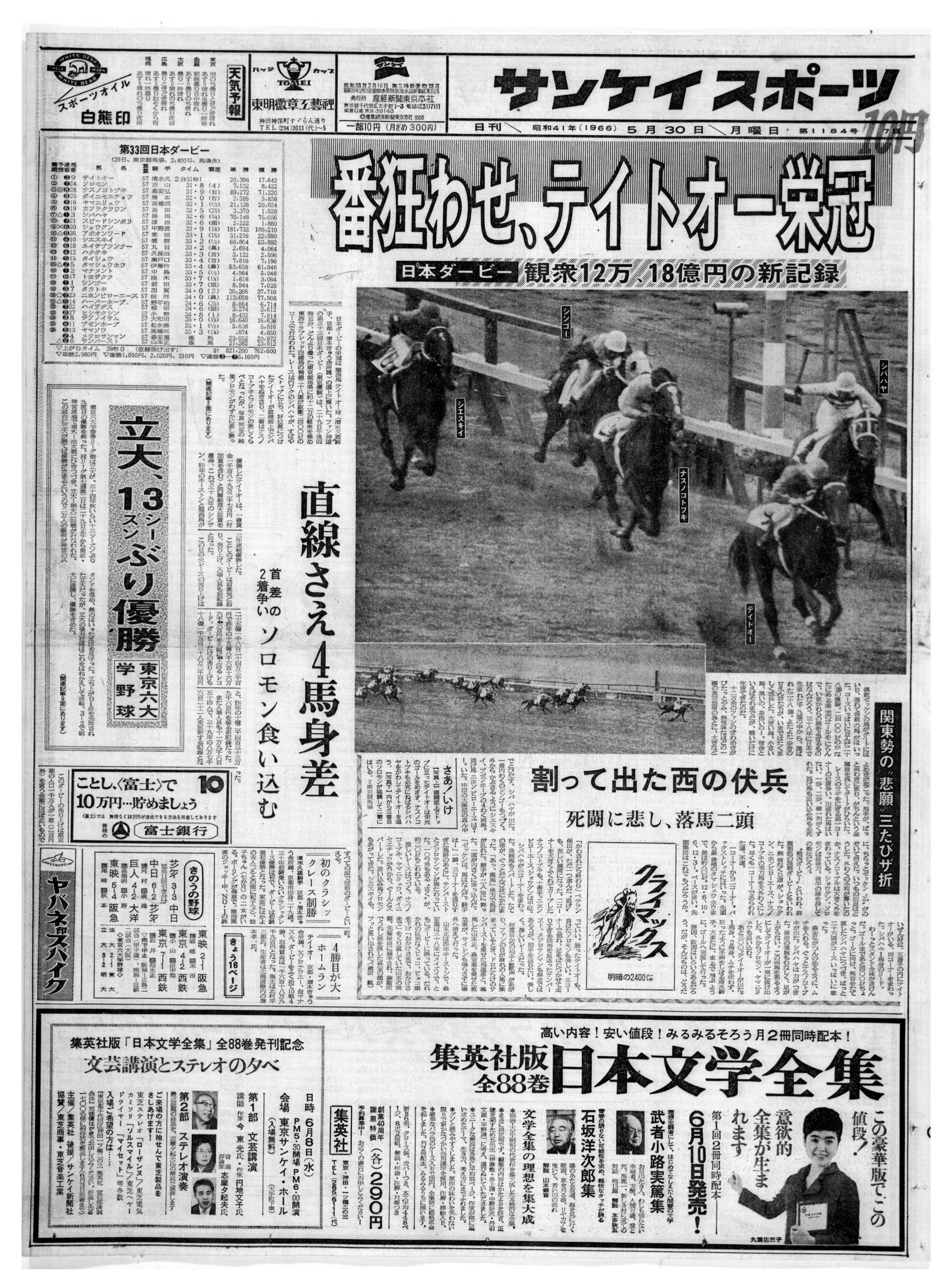 サンスポ紙面と写真で振り返る「午年の日本ダービー」①】番狂わせ、12