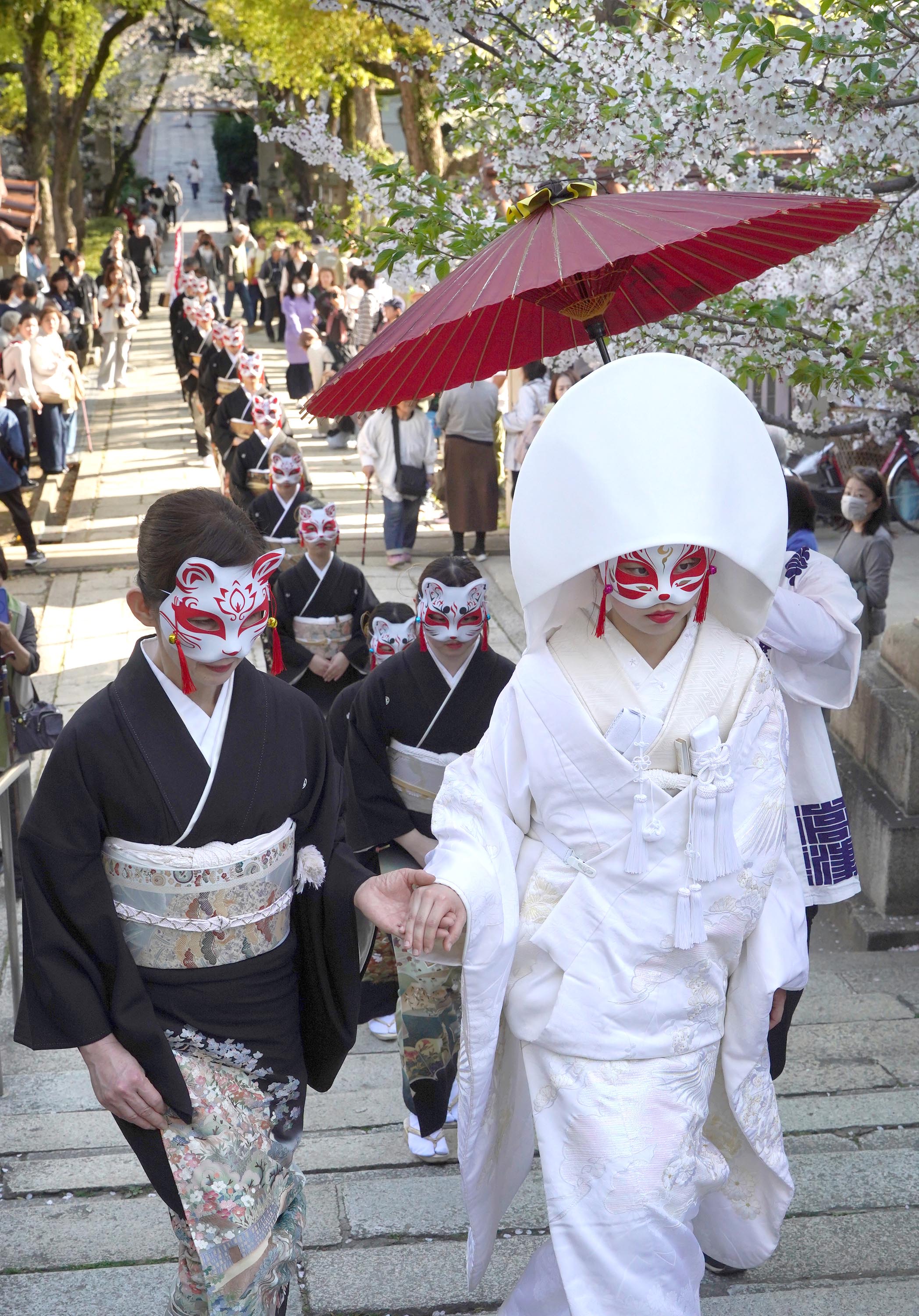 大阪・高津宮で「狐の嫁入り行列」 満開の桜の下で観客を魅了 - 産経