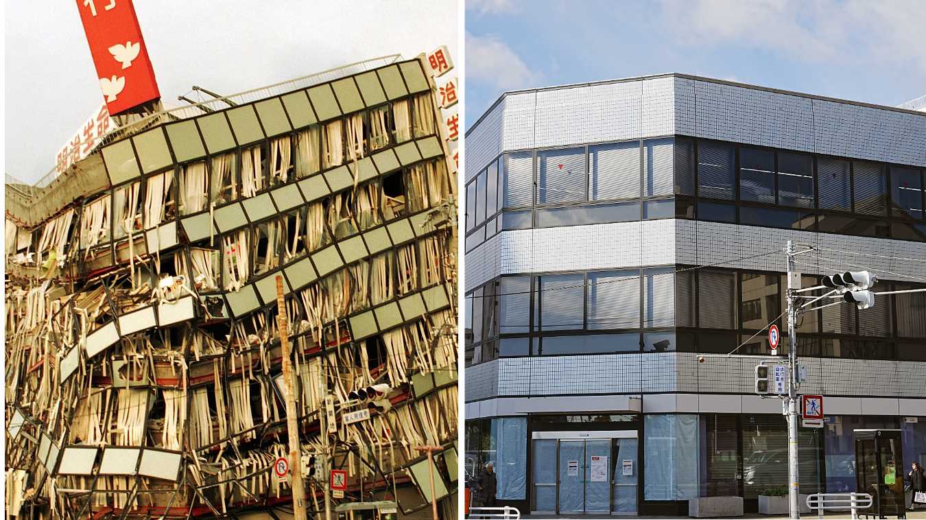 阪神大震災でひしゃげた銀行、割れ窓から垂れるブラインド 建て替え