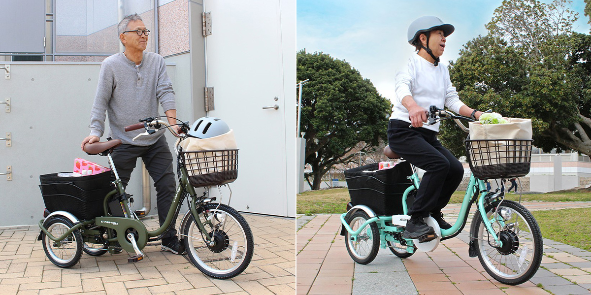 パンクしない電動アシスト三輪自転車。足が地面に着いて安心のロー