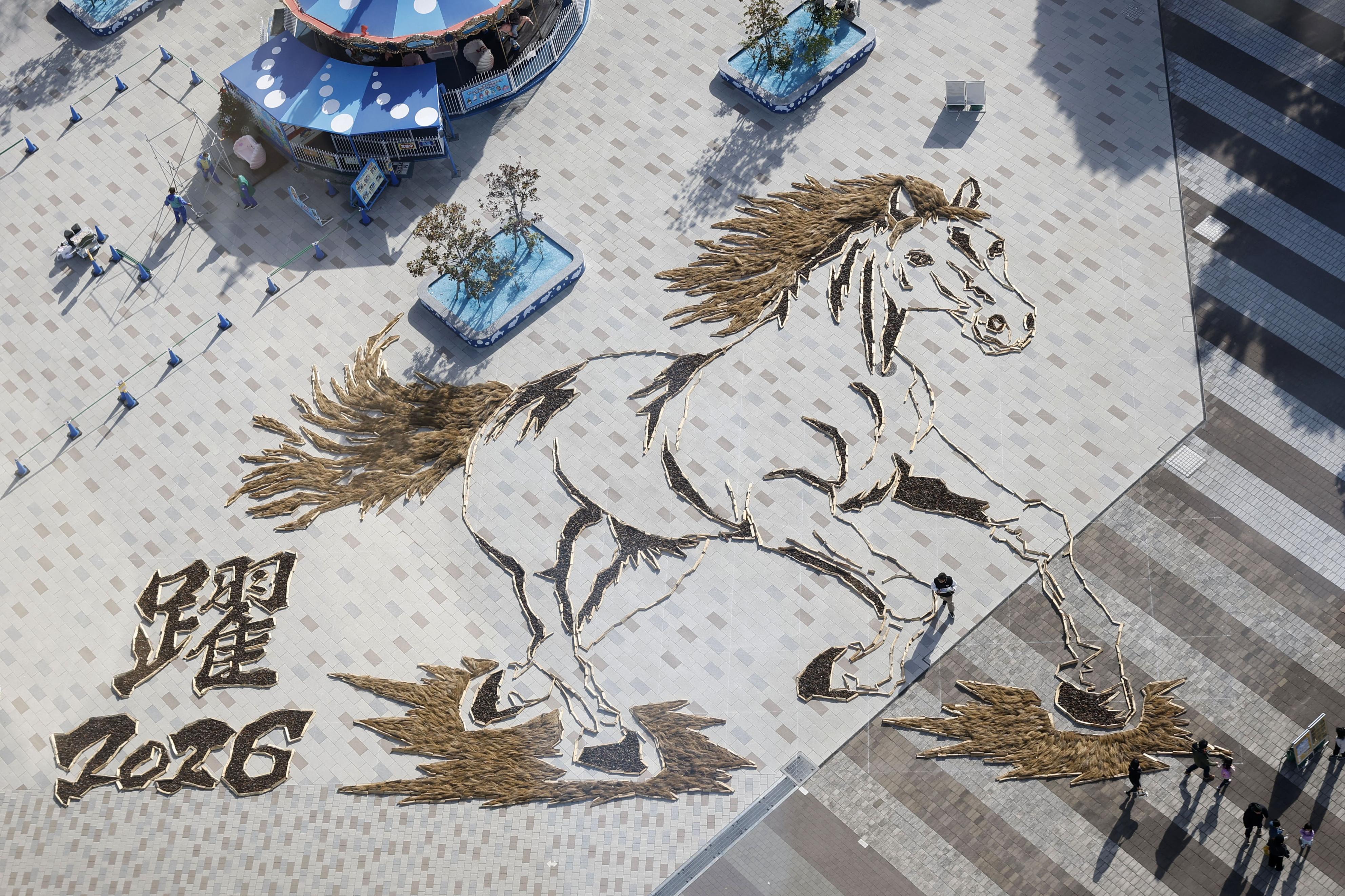 海馬 未来へ駆け抜ける馬」巨大地上絵お目見え 観覧車から迫力の眺望 茨城